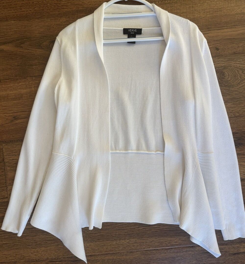 Verve Ami Women’s Large White Open Front Directional Rib Knit Cardigan Sweater
